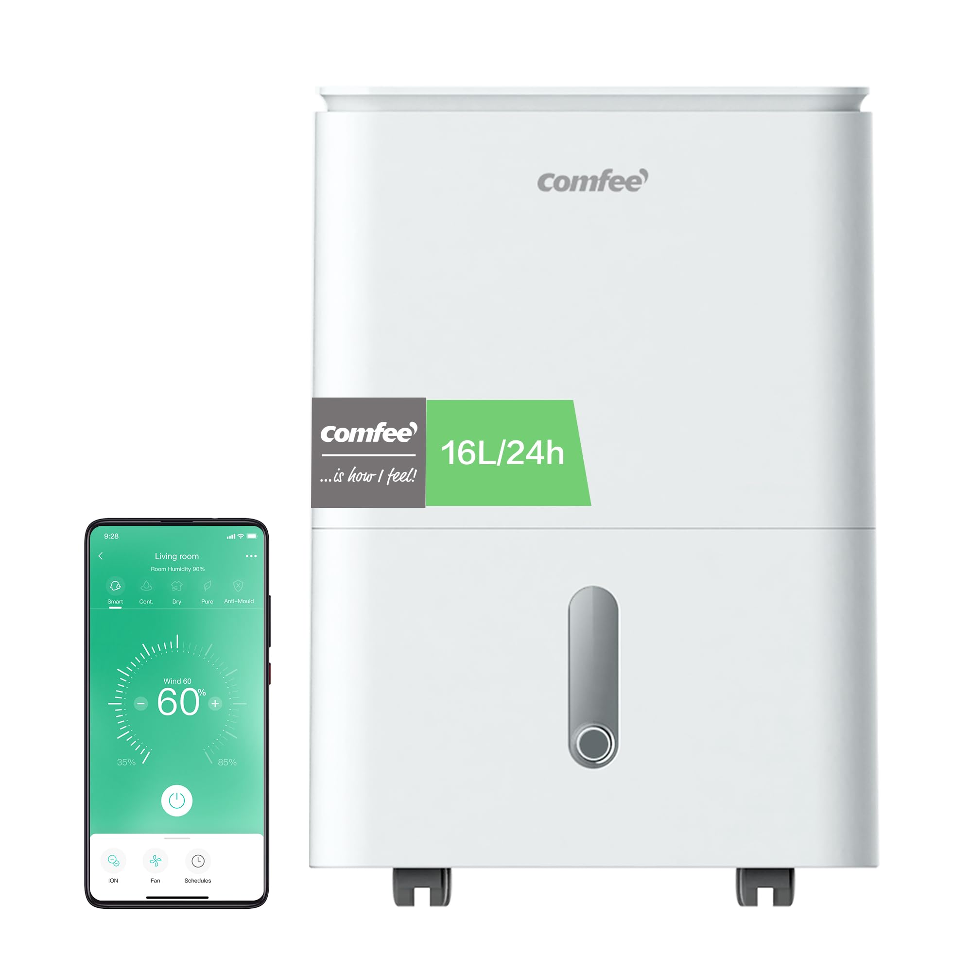COMFEE' Luftentfeuchter Easy Dry 16L/Tag, 4 Modi, Luftbefeuchter angeschlossen, Wassertank 3 l, Wäschetrockner, Swing-Funktion, für Räume von 32㎡/80 m³