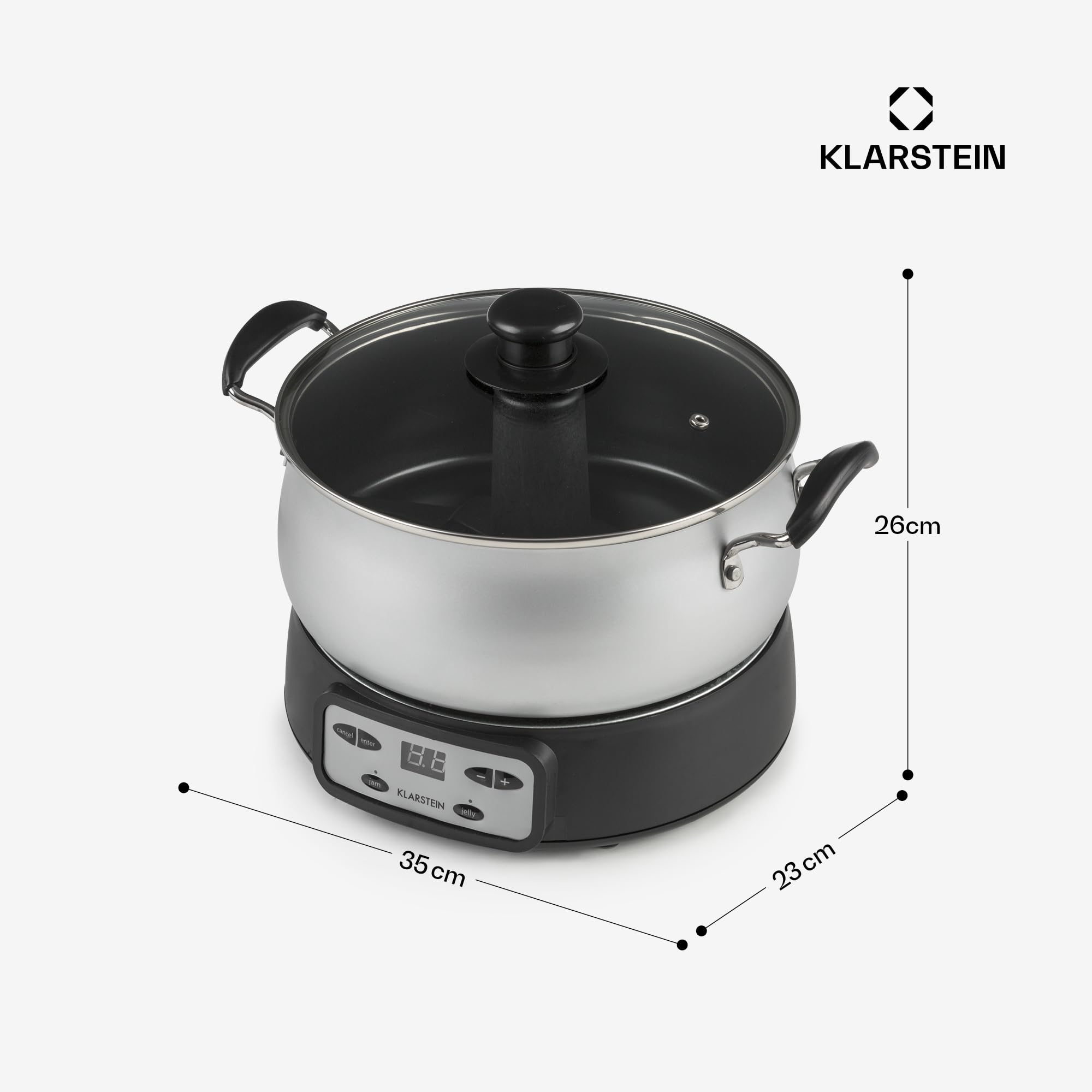 Klarstein Jam Session - confiturier et cuiseur de gelées, 1000 watts, 2 programmes automatiques, 3 litres de capacité, Durée de cuisson réglable, cuve est lavable en machine - argent