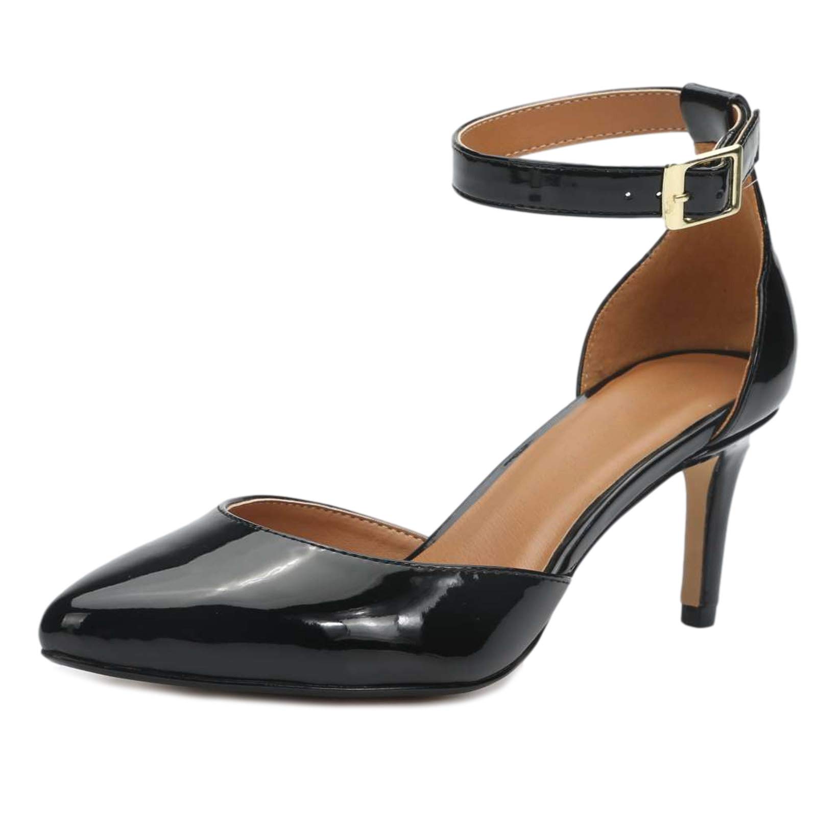 Enelauge Women's Low Kitten Heels Pumps Closed Pointed Toe D'Orsay Ankle Strap Dress Bridal Wedding Shoes