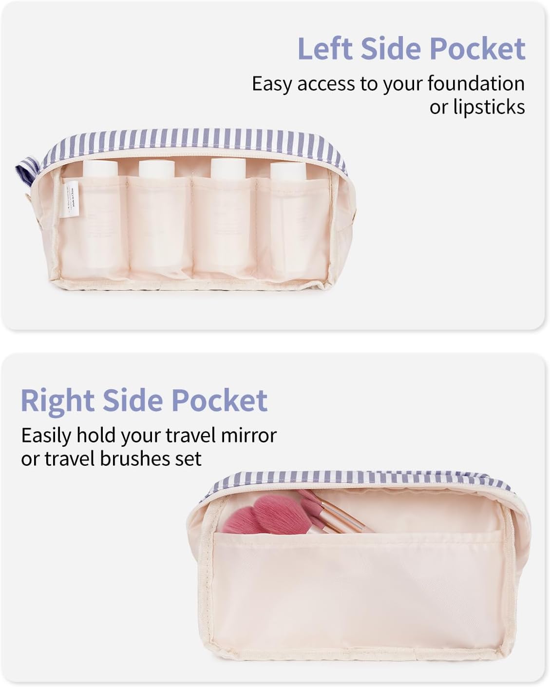 Narwey Cute Makeup Bag Small Toiletry Bag Travel Cosmetic Bag Organizer Make Up Bags with Organized Pockets for Women (Greyish Blue Stripe, Large) - Image 4