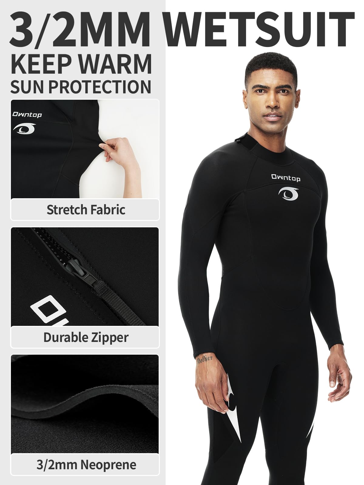 Owntop Herren Damen Ganzkörper 3/2mm Neoprenanzug, Ultra-Stretch Langarm Winter Neoprenanzug, Rückenreißverschluss Erwachsene Neopren Surf- und Tauchanzug