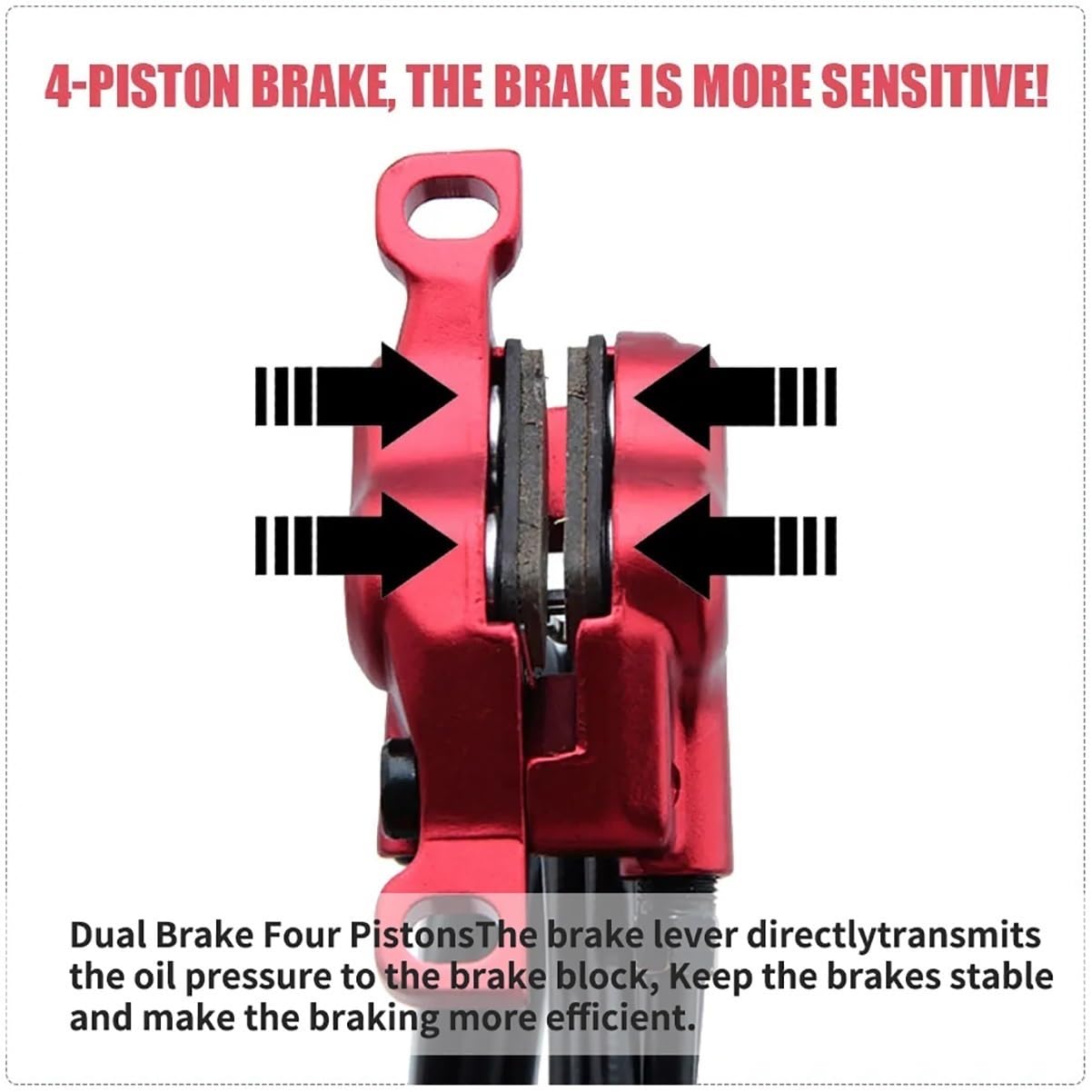 Set Freni A Disco Idraulici per E-Bike A 2 Pin E 4 Pistoncini con Rotori da 203mm Kit Freni per Mountain Bike Include Pastiglie Freno E Adattatore Anteriore/Posteriore 2300mm(Red-203mm)