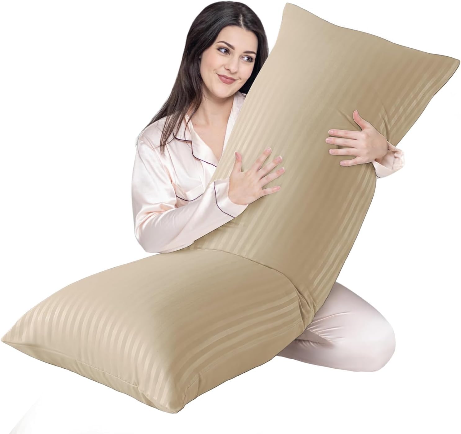 DEEP SLEEP EVERY NIGHT Hotel Linen Long Body Pillow 1pc, Fabric: 100% Polyester 85 GSM Microfiber 1 cm Stripe Super Soft, Size 45 x 120cm (White, 45 x 120 cm)