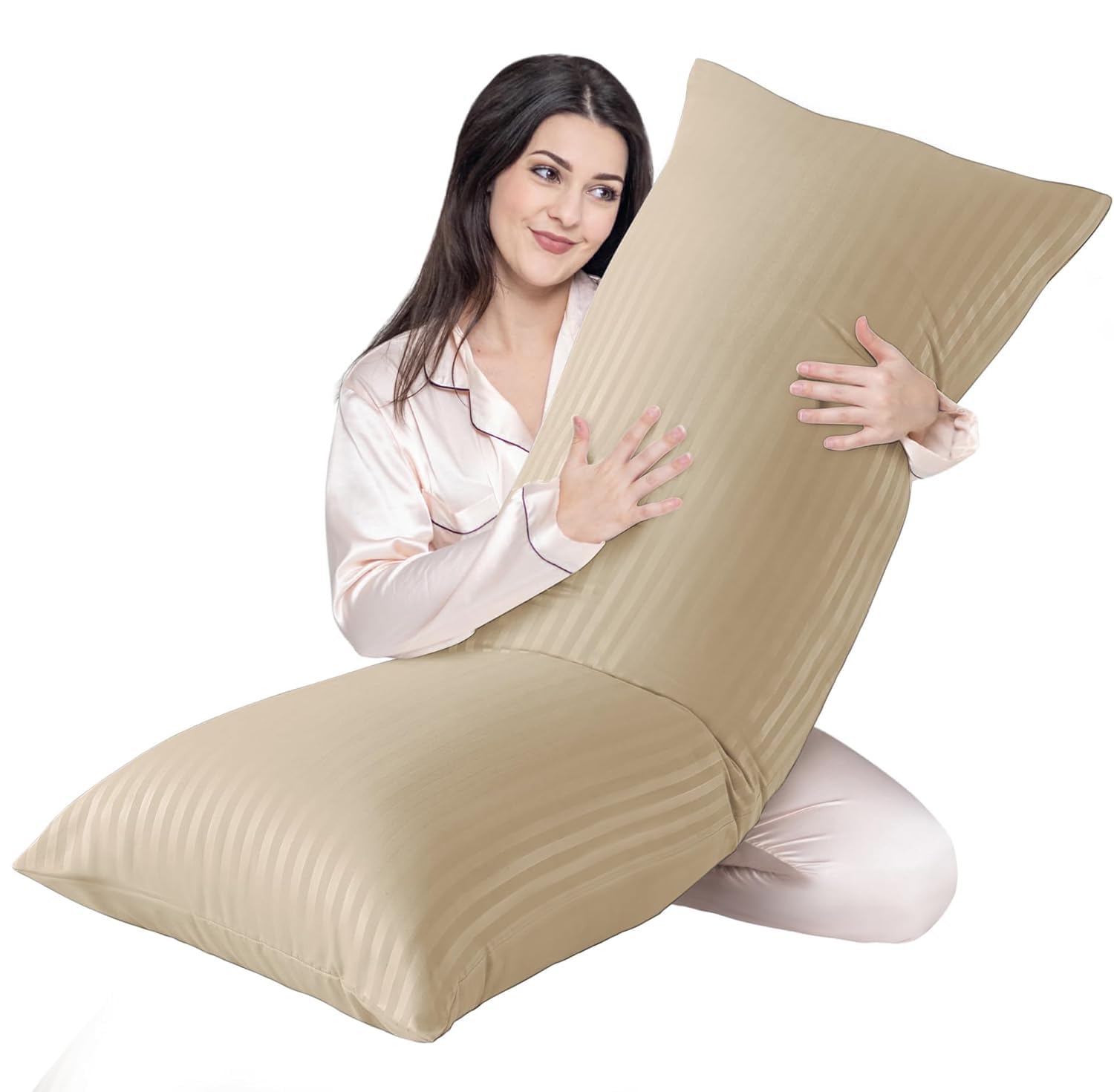 DEEP SLEEP EVERY NIGHT Hotel Linen Long Body Pillow 1pc, Fabric: 100% Polyester 85 GSM Microfiber 1 cm Stripe Super Soft, Size 45 x 120cm (White, 45 x 120 cm)