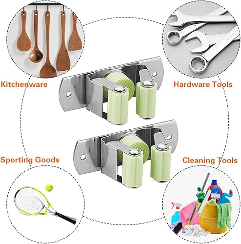 Miniatura 5 de Soporte para escobas de montaje en pared, soporte para trapeador montado en la pared, colgador de escoba de acero inoxidable, estante de