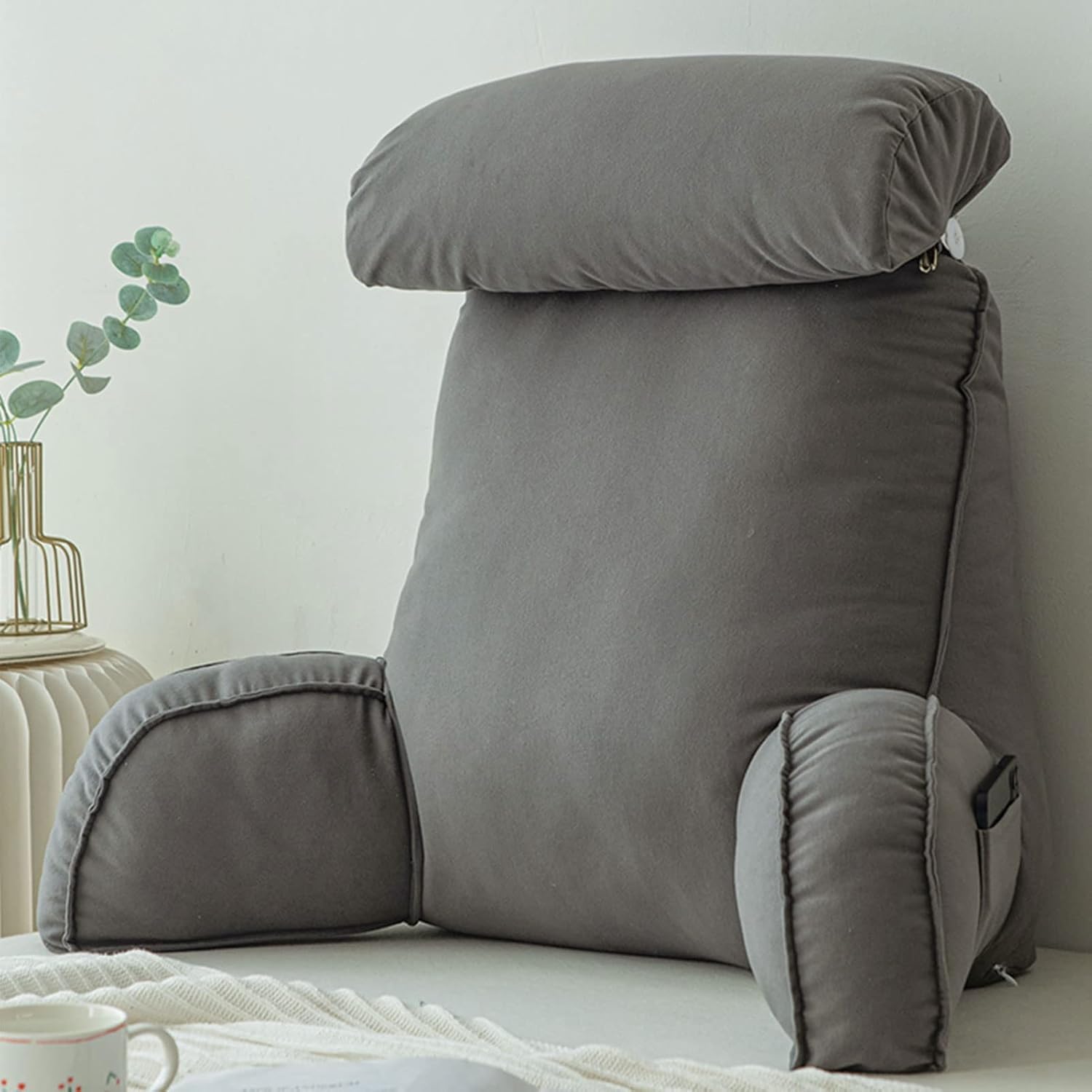 HEATHE Reading Pillow For Bed,Lumbar Support Cushion,Cuddle Cushion,Bed Chair Pillow With Arms,Sofa Waist Pillow,With Round Pillow,Perfect For Sitting,Reading,or Gaming,75×40×50cm,Advanced Gray