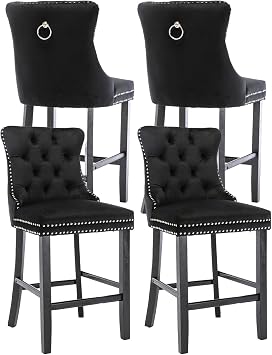 Black Velvet Bar Stools Set of 4, 26" Counter Chairs for Kitchen Island