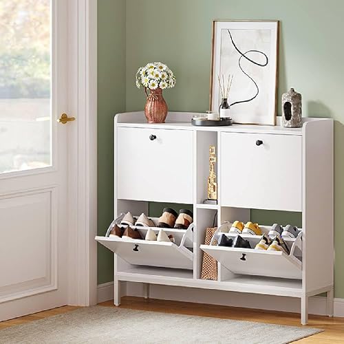 YITAHOME Zapatero Estrecho con 4 Solapas, 108 x 27,5 x 97,5 cm para 16 Pares de Zapatos con 2 estantes Abiertos, Zapatero Blanco, Armario para Pasillo, cómoda para Zapatos en el Pasillo