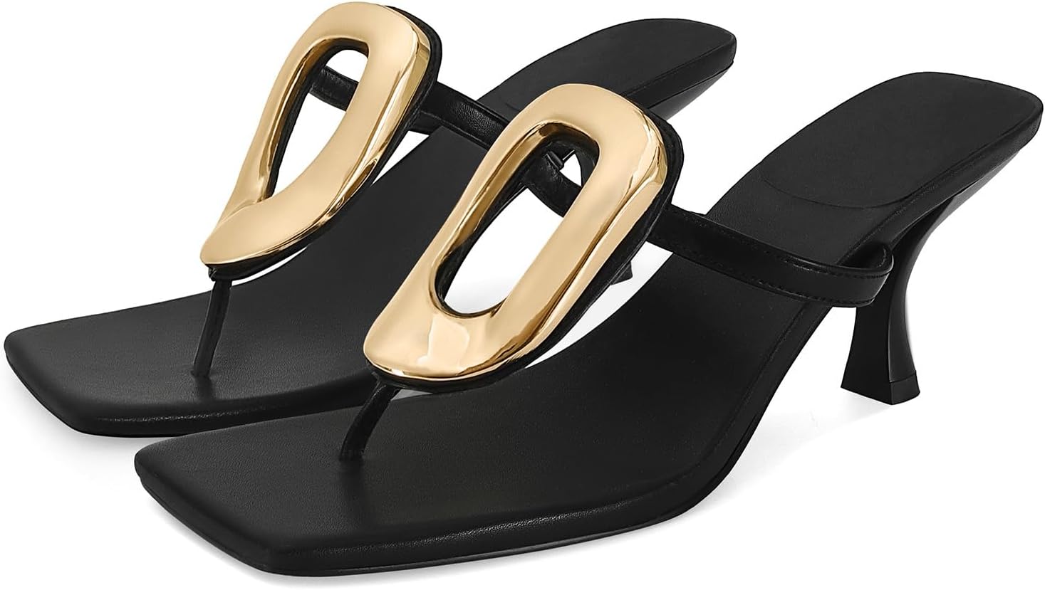 Black Flip Flop Heels Sandals for Women Metal Kitten Heels Thong Sandals Slip on Comfort Square Toe Casual Fashion Summer Flip Flops Shoes - Image 4