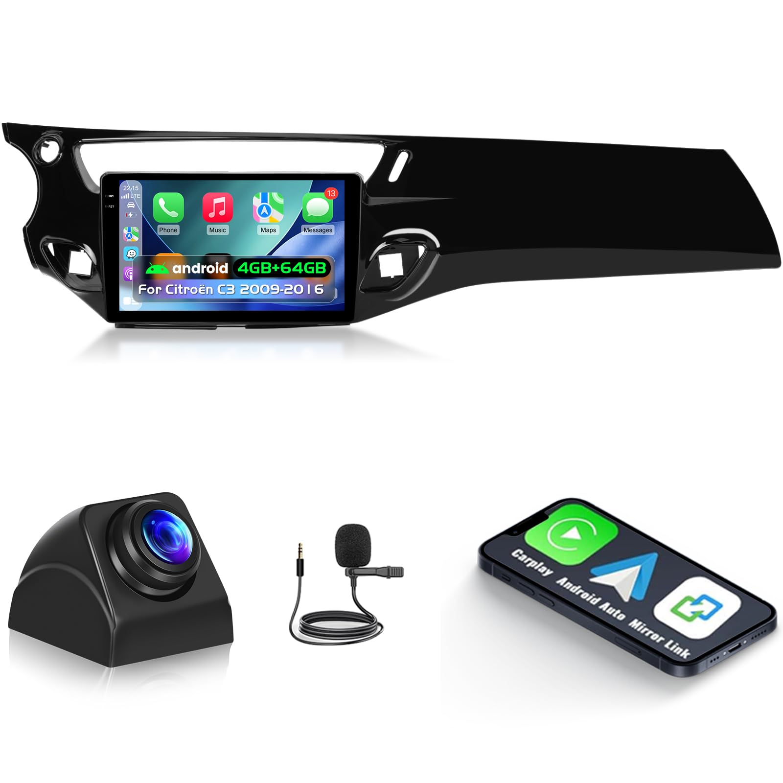 NHOPEEW 4+64G Android Autoradio per Citroën C3 2009-2016 con Wireless Carplay e Android Auto - Schermo incell da 9 pollici Supporto WiFi GPS Comandi al volante + Telecamera di retromarcia, Canbus