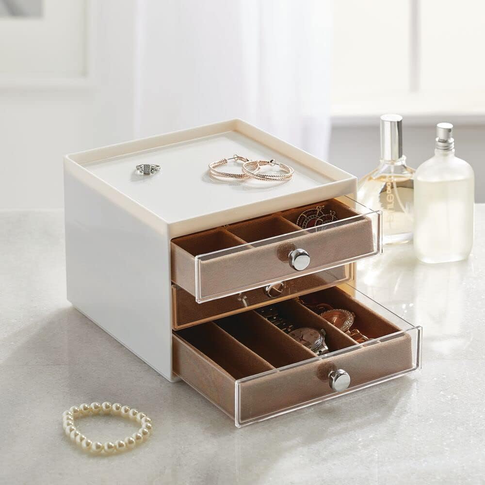 mDesign Plastic Small 3-Drawer Jewelry Organizer Box for Storage on Dresser, Vanity, Countertop - Holds Earrings, Bracelets, Necklaces, Bangles, Rings, 2 Pack - Cream/Brown