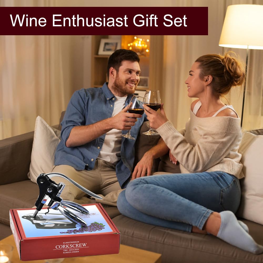 Apribottiglie per Vino Manuale,Cavatappi Manuale a Leva 4 In 1 Set,Cavatappi Professionale,Apribottiglie Manuale Strumento di Apertura Rapida del Vino per Versatore di Vino