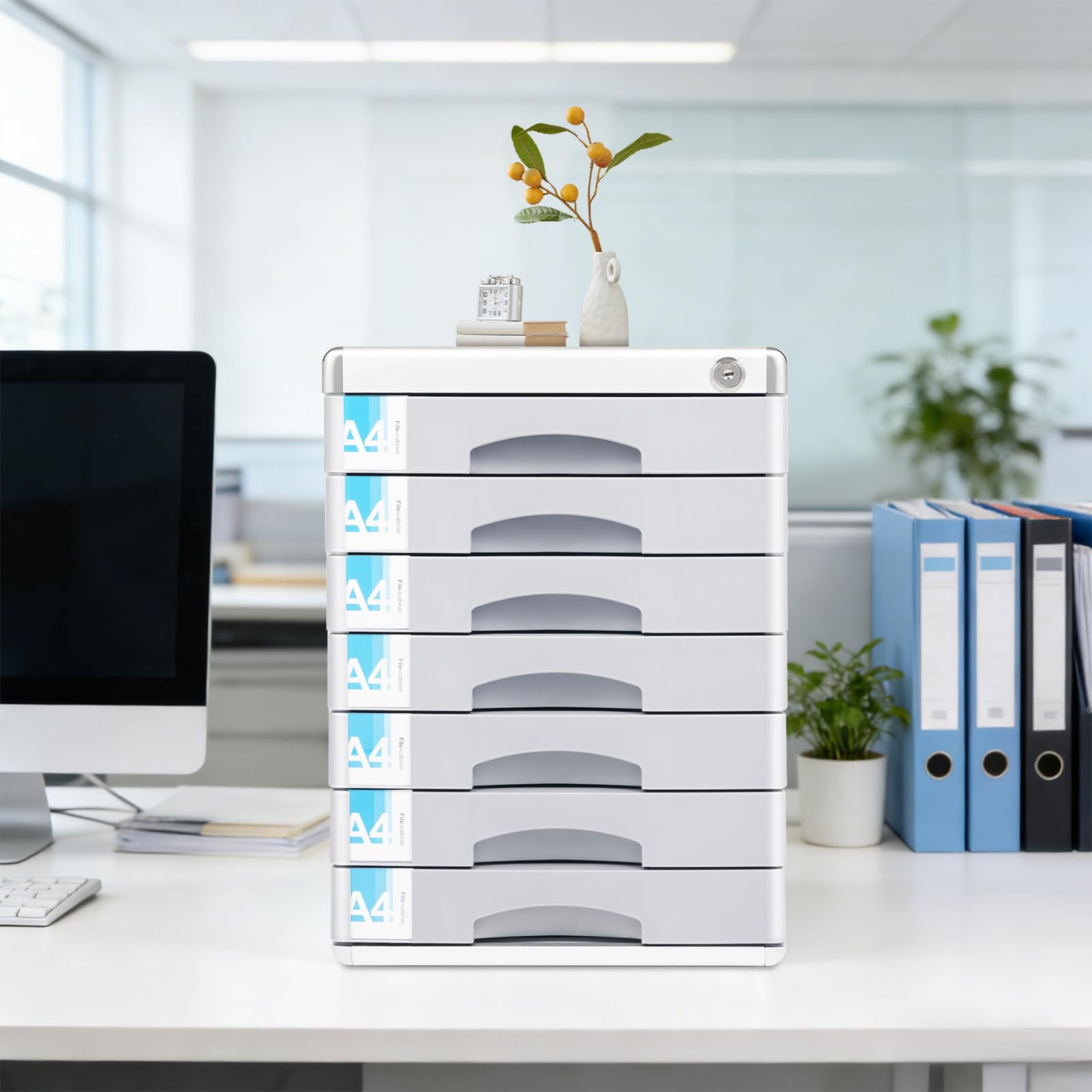 Schubladenbox 7 Fächer abschließbar, A4 Dokumentenablage aus Aluminium, Schreibtisch Ordnungssystem, stapelbare Ablagebox für Büro & Zuhause