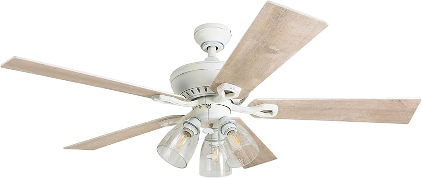Prominence Home Glenmont 52 Inch Ceiling Fan with LED Light, Pull Chain Control, 5 Blades with Reversible Motor & Tri-Mount Options, Distressed White
