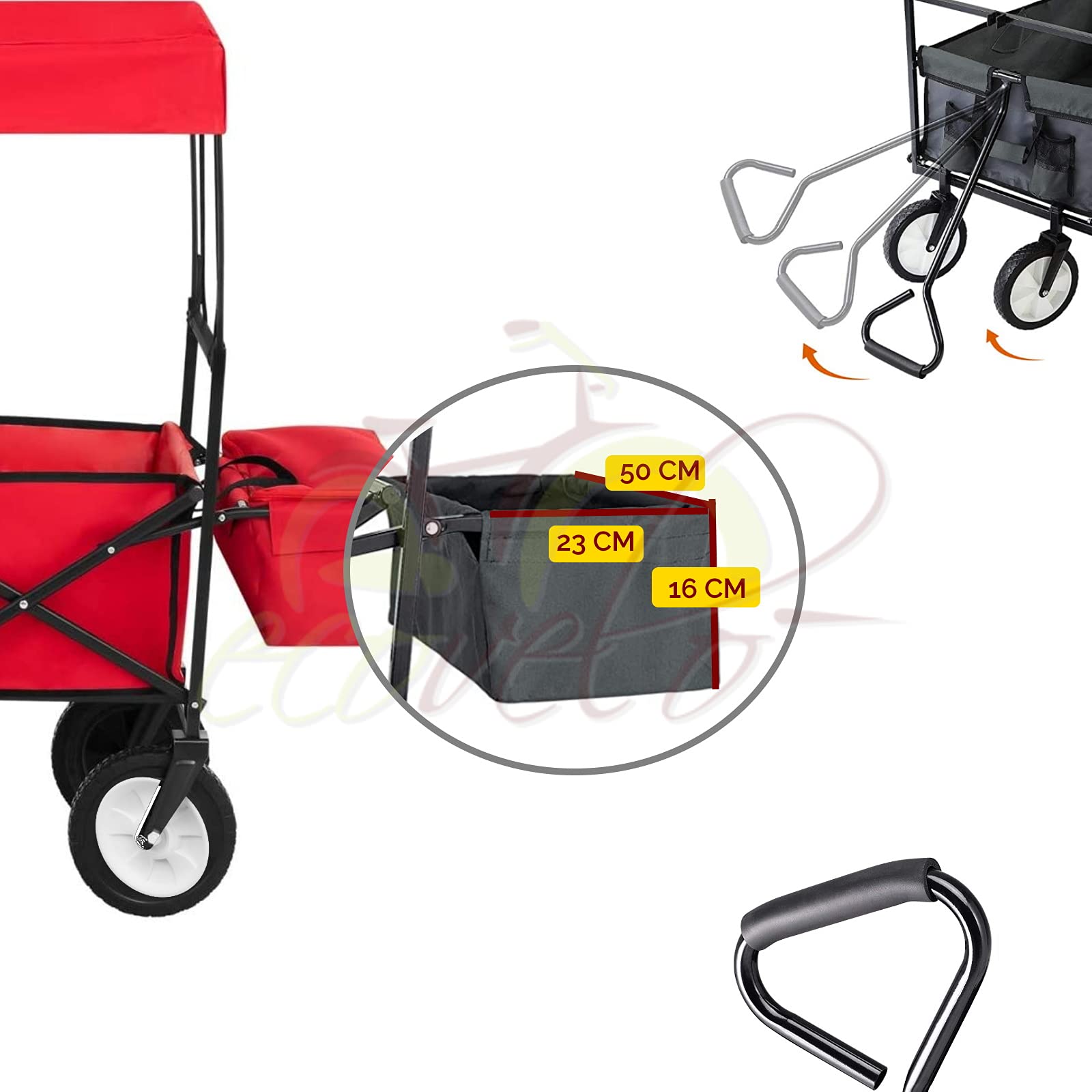 ECOVELO' CARRELLO A MANO PIEGHEVOLE DA SPIAGGIA MAX 80KG CON TETTUCCIO CARRETTO DA GIARDINO RICHIUDIBILE PER CAMPEGGIO