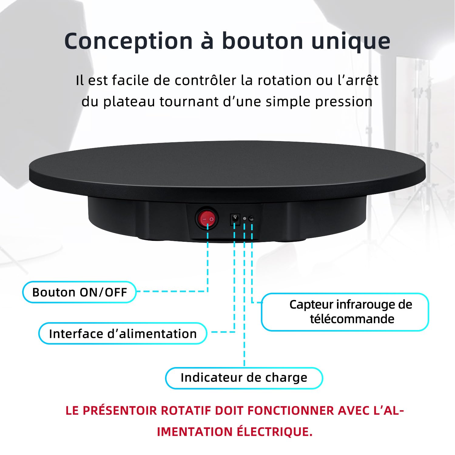 Mcbazel 360° Platine Tournante Électrique 42cm Photographie Professionnelle Platine 100KG Platine Tournante Motorisée Automatique Présentoir Rotatif à 360 Degrés pour Vidéo/Bijoux/Montres - Noir