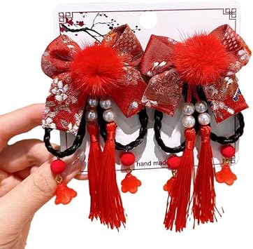Chinese New Year Hair Clips for Baby Girls,Antique Red Hairpin Bows Tassels Hair Clips,Chinoiserie Tassel Hair Barrettes Hairpins for Spring Festival Hair Accessories