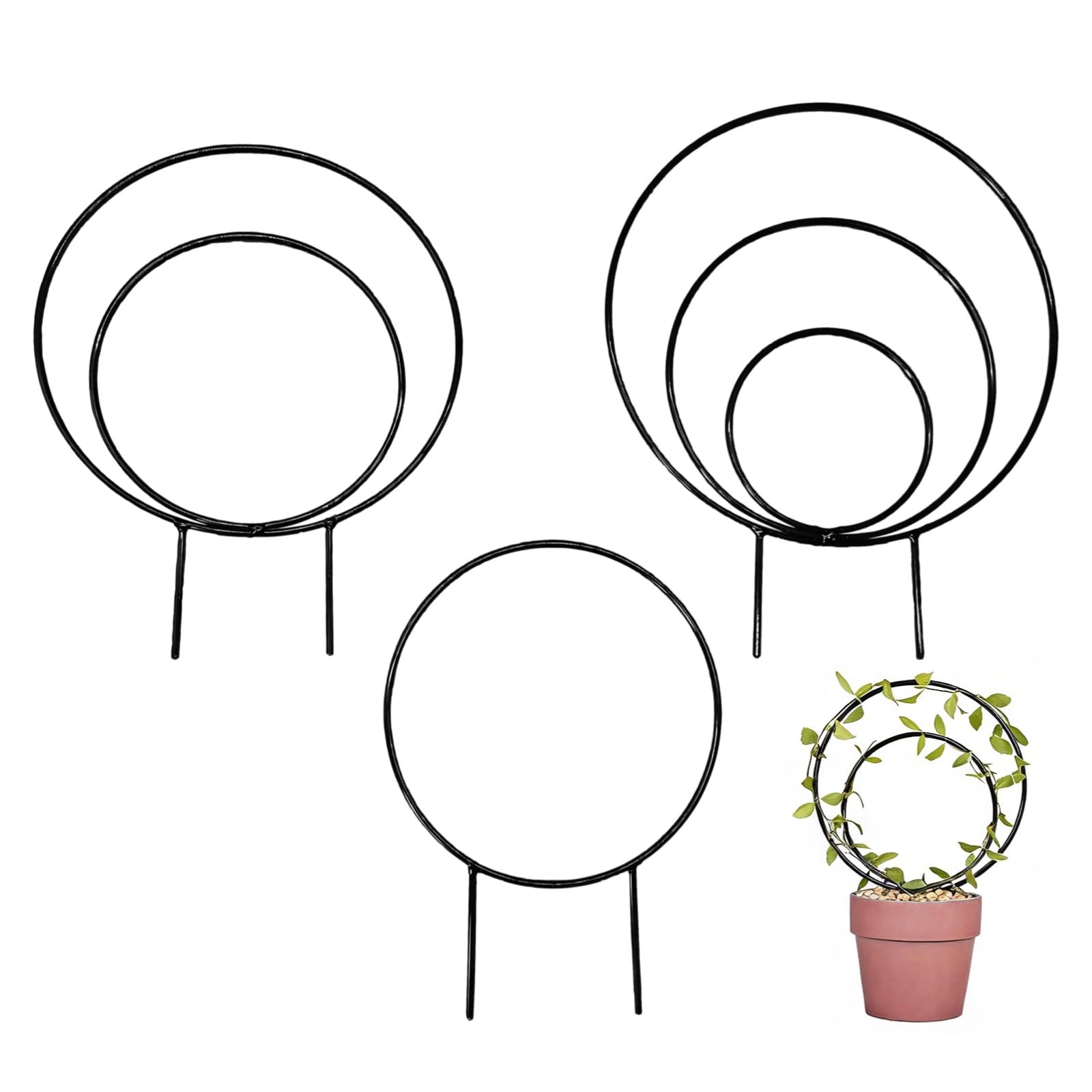 Indoor Plant Trellis for Potted Plants, Metal Trelli for Climbing Plants Indoor, 3 Pcs Black Circular Design, Hoya Trellis Indoor, Adaptable Multi-Size Options