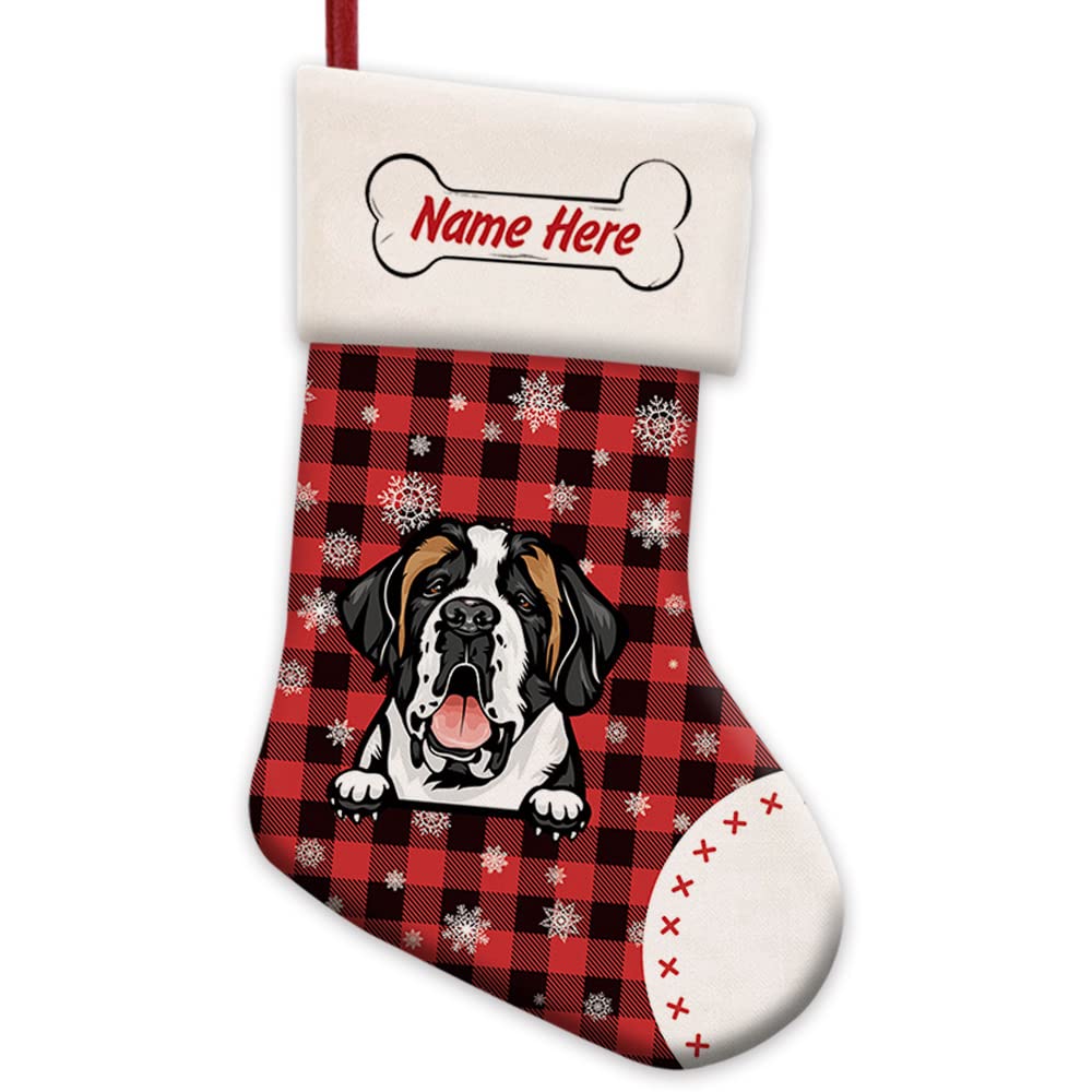 MALIHONG 1 Pack Personalized Christmas Red Buffalo Plaid Stocking with Lovely Dog Saint Bernard Snowflake Home Decorations Gifts for Family 14.4"