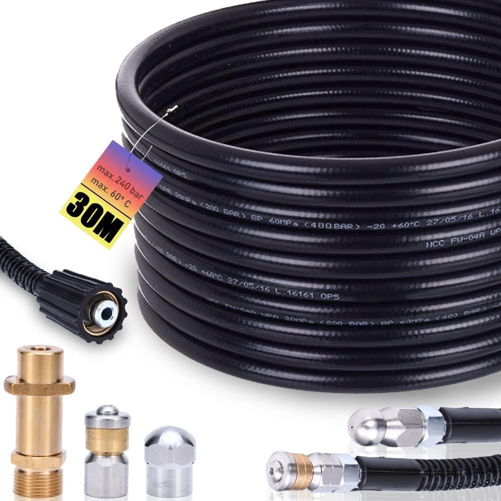 XIIW Tuyau Déboucheur Canalisation 30m 240bar Compatible avec Kärcher K2-K7 | avec M22 Adaptateur, Buses Rotatives et Fixes, Tuyaux pour nettoyeurs haute pression, Kit Furet Pro Deboucheur Canalisation