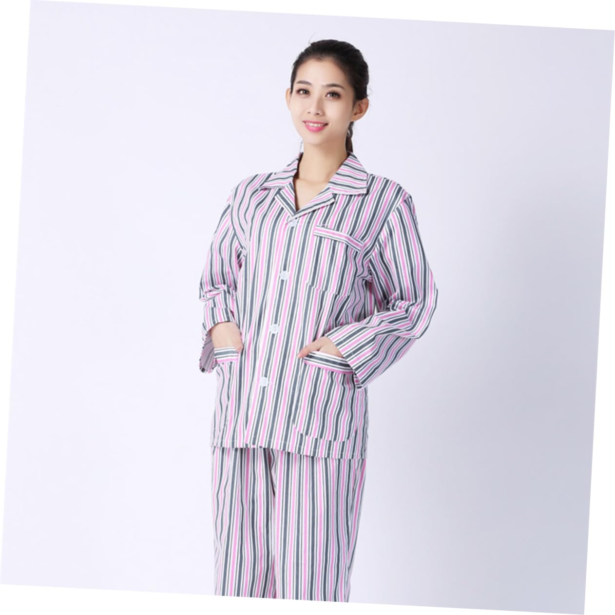 Beaupretty Pijama para Adulto Algodón Cómodo Manga Larga Hospital Ropa para Pacientes Rayas Azul Blanco