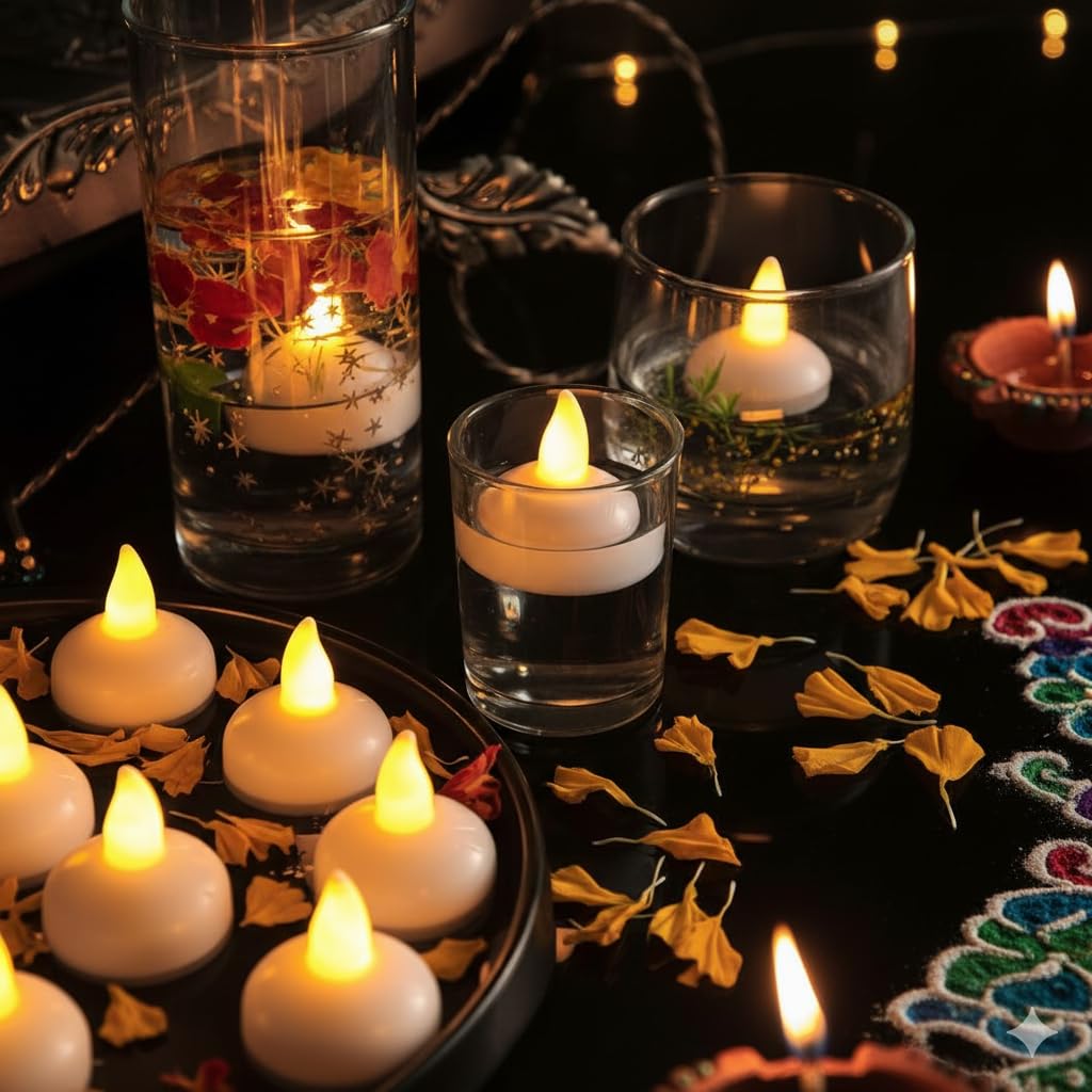 Water Sensing 4 Pcs Floating Diyas Smokeless Flameless Candles Led Tea Light Battery Operated Waterproof Decorative Candle for Home Decor Table Festival Diwali Decoration Items-image-10