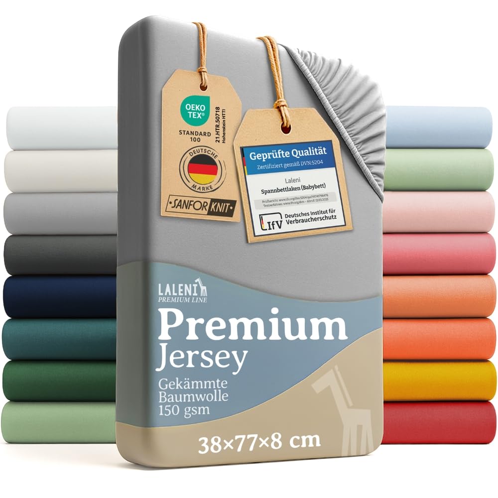 Laleni Premium Spannbettlaken, 38x77cm, für Babybett & Kinderbett, 100% Baumwolle, Oeko-TEX Zertifiziert, 2er Set, Grau