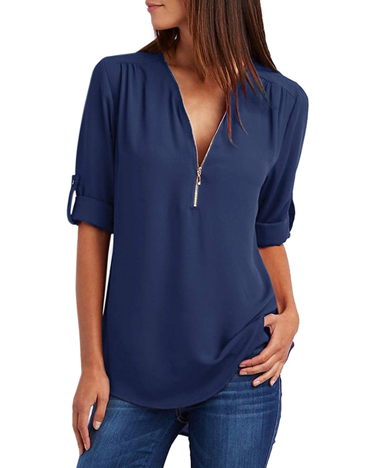 Women's Chiffon Blouses Elegant Zip Long Sleeve Shirts Blouse Tunic Tops T-Shirt V-Neck Tops