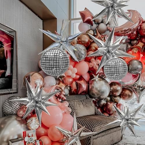 Image of Inflatable Disco Ball Balloons Pack of 14 - 22 inch Silver Mylar Foil Disco Party Balloons with Star Balloons, Ribbon & Pipe for New Year's Disco Ball Decorations Party, Bachelorette, Birthday Decor