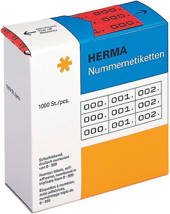HERMA Number Labels 0-999, Double, 2000 Pieces, 22 x 10 mm, Self-Adhesive, Matte, Double Sequential Paper Number Labels, Asset Numbers in Dispenser Box, Red Printed