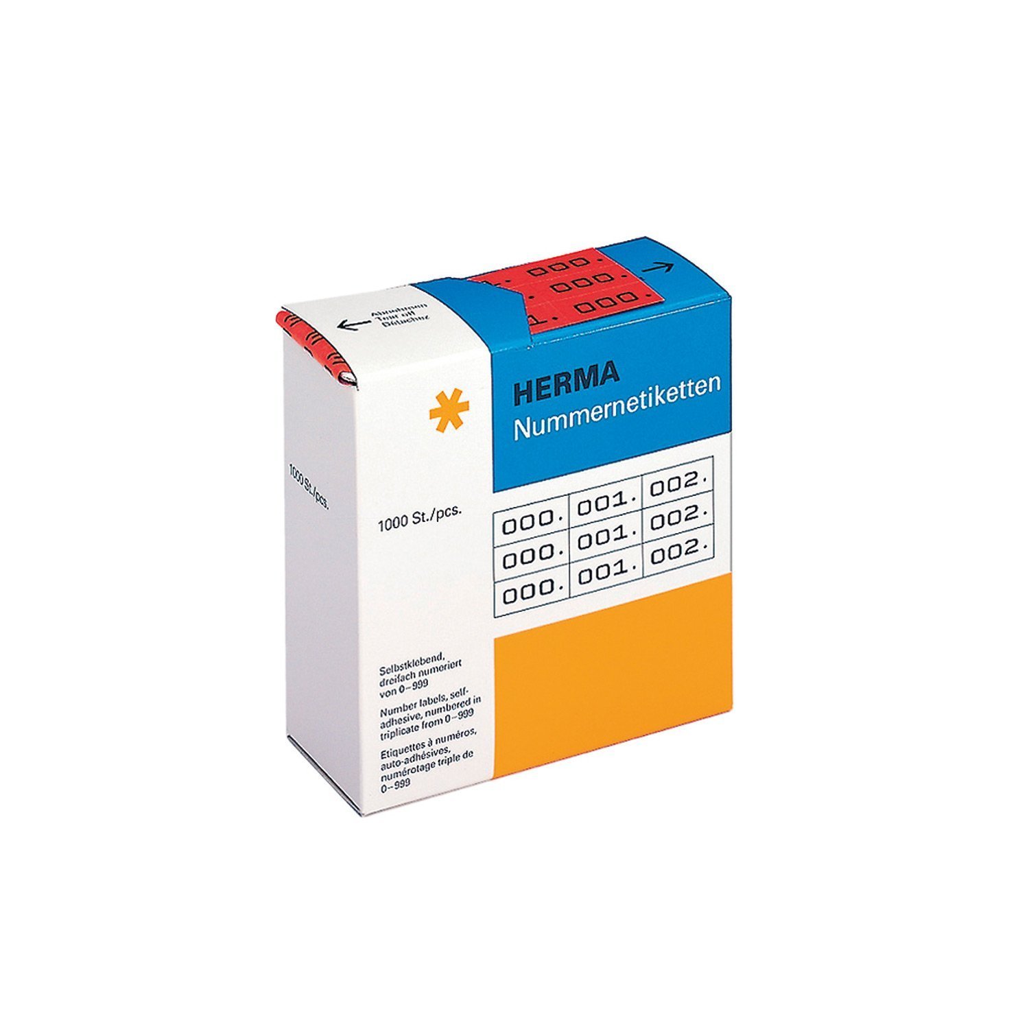HERMA Number Labels 0-999, Triple, 3000 Pieces, 22 x 10 mm, Self-Adhesive, Matte, Triple Sequential Paper Number Labels, Asset Numbers in Dispenser Box, Red