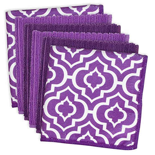 DII Microfiber Multi Purpose Cloths for Dishes, Stainless Steel and Glass for Cleaning, Drying and Polishing, 12x12 (Set of 6) - Eggplant Lattice
