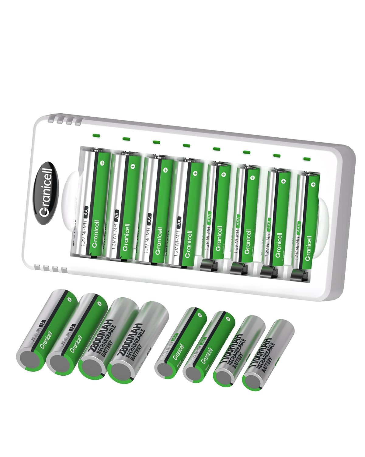 Granicell 8-Slot Akku Ladegerät mit 16 Stück Akkus (8X AA 2800mAh + 8X AAA 1100mAh), 1.2V Mignon Micro NI-MH Wiederaufladbare Batterien (Vorgeladen), XXL Familien-Kombiset