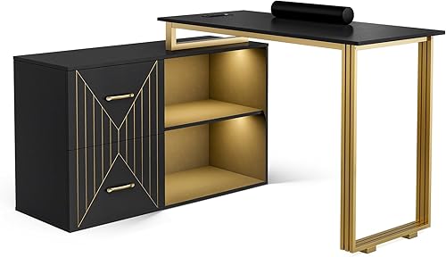 Paddie Mesa de manicura para tecnología de uñas con cojín de muñeca, escritorio de esquina para uñas con 2 cajones y 2 estantes, estación de