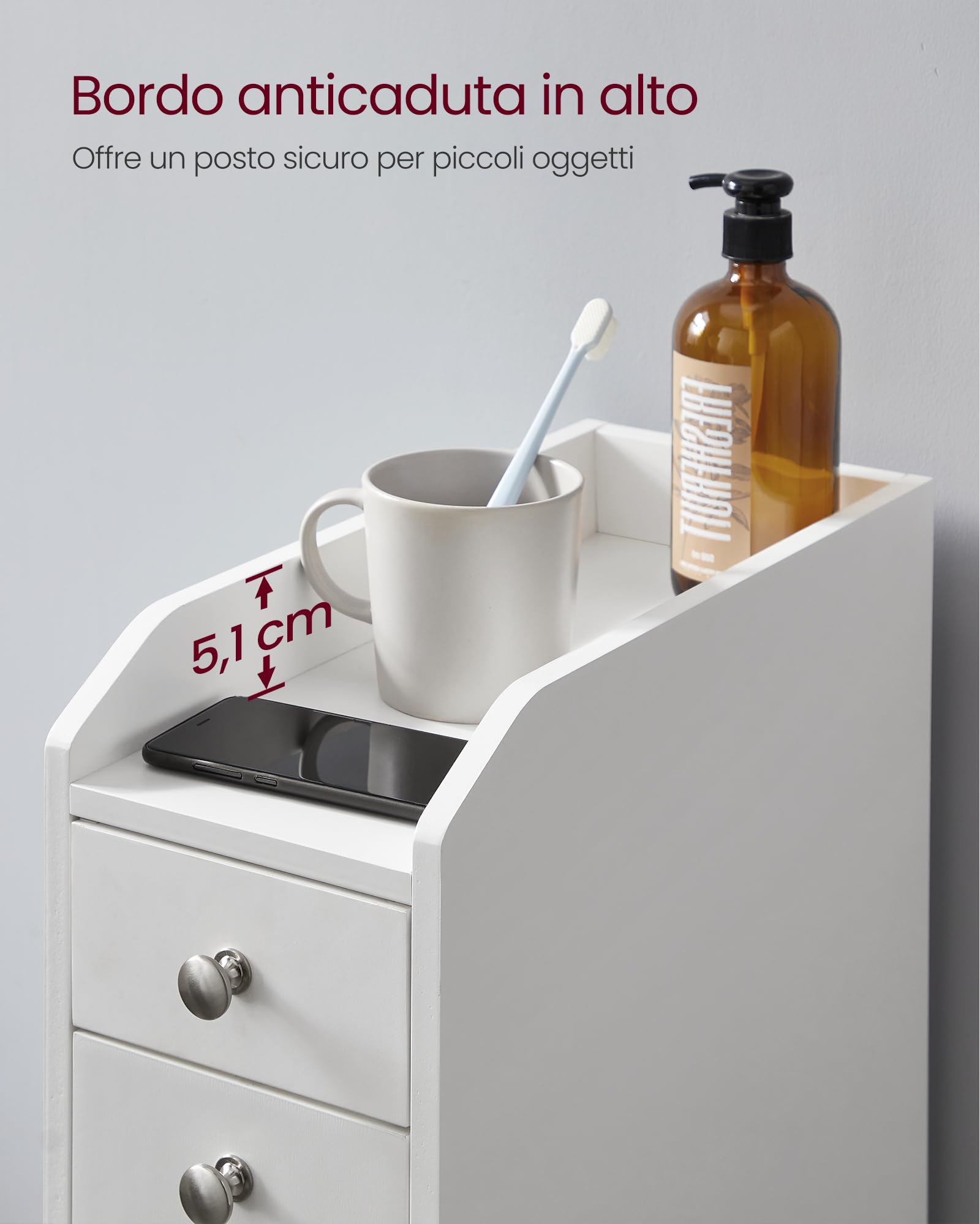 VASAGLE Mobile da Bagno, Mobiletto Salvaspazio, Mobiletto a Colonna, Porta Carta Igienica, con Cassetti, per Piccoli Spazi, Bianco BBC847P31