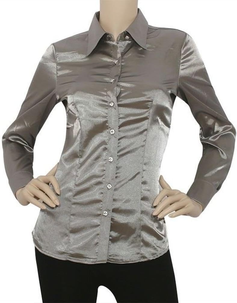 Mememall Fashion Lady Satin Charmeuse L/Slv Button Down Solid Collar Shirts Blouse