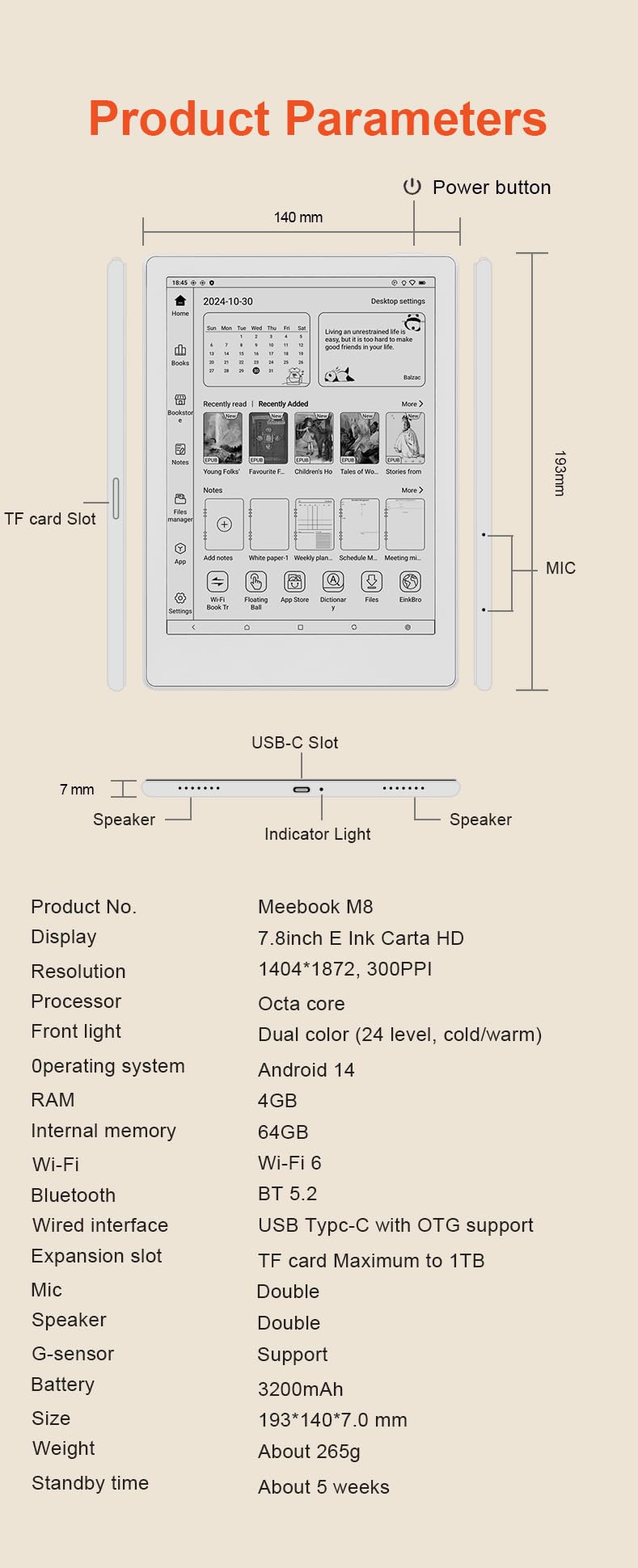 Meebook E-Reader M8 | Pantalla 7.8' Eink Carta | Luz Inteligente 300PPI | Android 14 | Procesador Octa Core | Micrófonos y Altavoces Duales | Soporte Play Store | Escritura Manual | 4GB+64GB | Blanco
