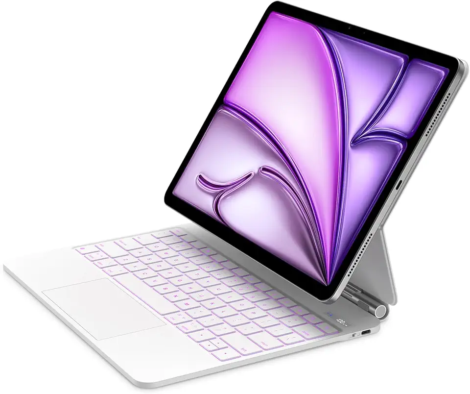 Bettdow Capa de Teclado para iPad Air 13 Polegadas 2024 M2, iPad Pro 12,9 Polegadas (6ª/5ª/4ª/3ª), Trackpad Click-Anywhere com Tela LCD e Teclado Bluetooth com Retroiluminação de 7 Cores,Branco