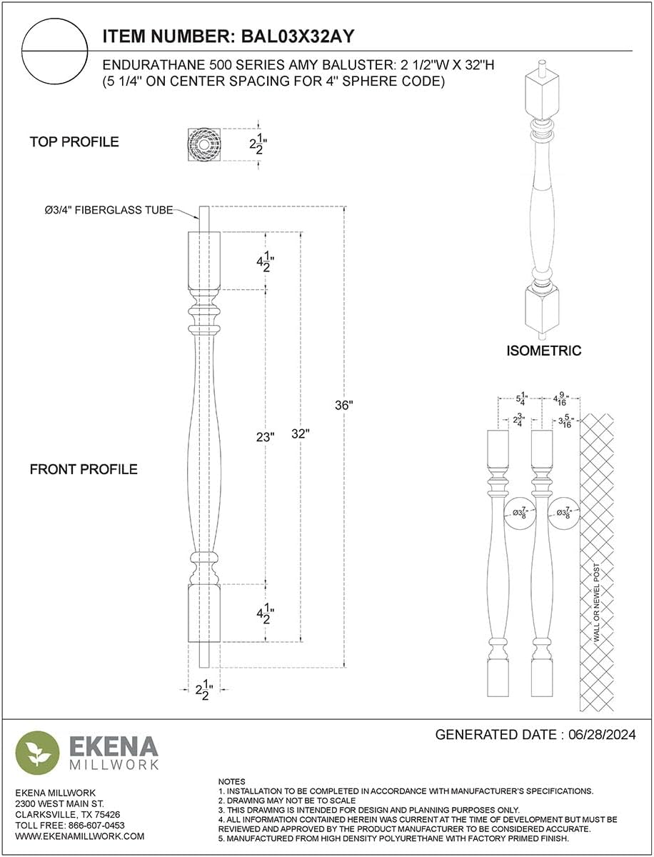 Endurathane 500 Series Amy Baluster: 2 1/2"W x 32"H (5 1/4" On Center Spacing for 4" Sphere Code), Factory Primed Polyurethane