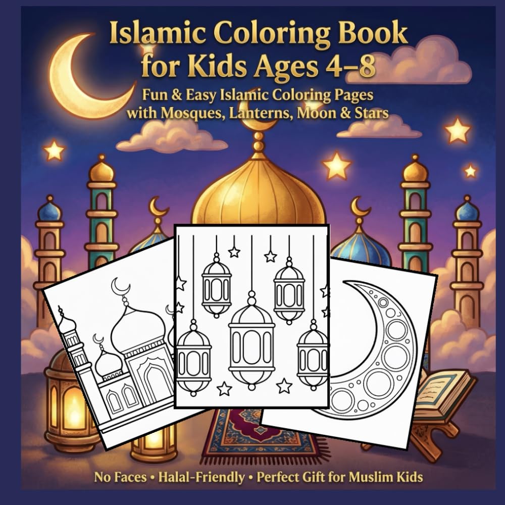 Islamic Coloring Book for Kids Ages 4–8: Fun & Easy Islamic Coloring Pages with Mosques, Lanterns, Moon & Stars | No Faces | Halal‑Friendly Gift for Muslim Kids