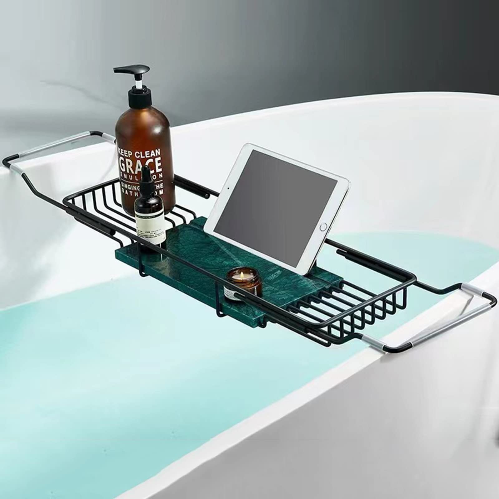 JKJZSALJ Stainless Steel Bathtub Caddy Tray With Non Slip Grip Expandable Bath Tub Racks And Shower For Most Tubs,Black-4