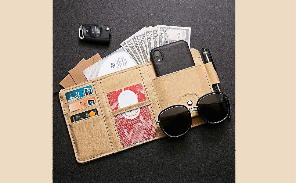 Image of Spirex Car Accessories Car Sun Visor Organizer, Sunglass Pen Card Small Document Storage Pouch Holder, PU Leather, Multi-Pocket with Zipper Net (multicolour)