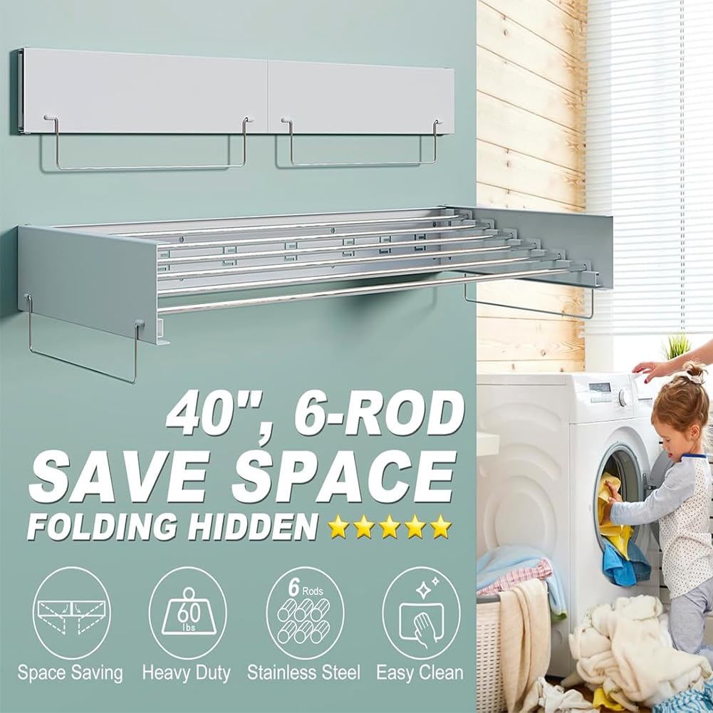 Stendibiancheria da parete allungabile pieghevole, portata 30 kg, estensibile 100 cm, salvaspazio, design compatto sottile, bianco