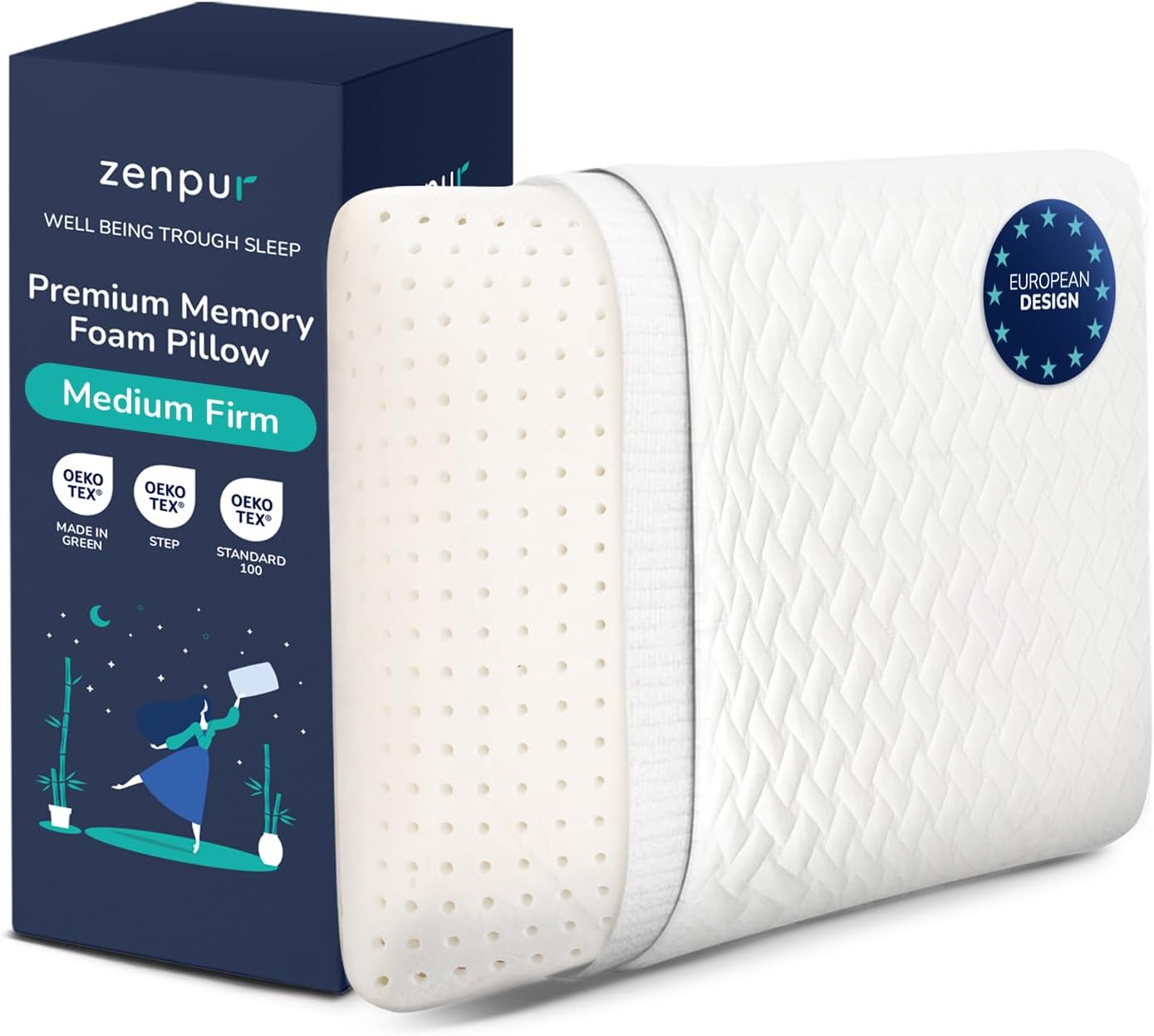 ZenPur Memory Foam Pillow - Orthopedic Neck Support, EU-Made, Side Sleeper Pillow with Bamboo Cover, Alleviates Neck, Shoulder Pain, and Aids Spine Alignment, Medium Firm