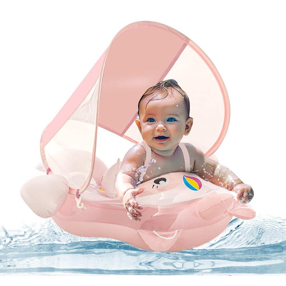 Baby Schwimmring mit Sonnendach Entfernbar, Schwimmring Baby mit Verstellbarer Sicherheitssitz, Kippsicherheit, Schwimmhilfe Baby mit Luftpumpe für 12-36 Monate, Rosa Einhorn