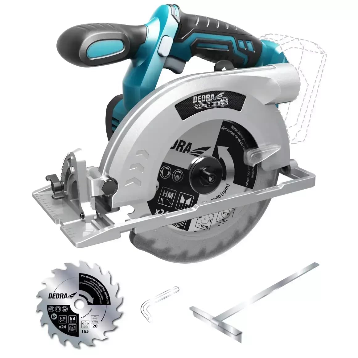 Dedra DED7064 – pilarka ręczna akumulatorowa 18 V, tarcza 165 mm, prędkość obrotowa 4200 obr/min, maksymalna grubość cięcia 55 mm, waga 2,8 kg