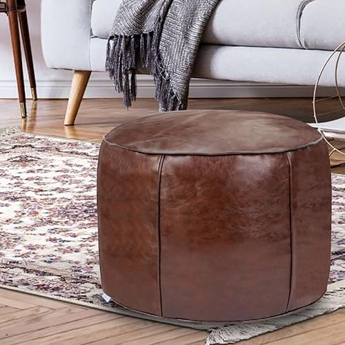 Miniatura 7 de Puf otomano de cuero sintético hecho a mano de lujo sin relleno, reposapiés de piso, solución de almacenamiento – Taburete redondo pequeño de 20 x