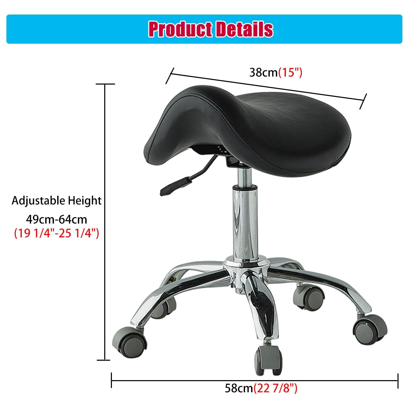 Medical Wheels Sattelhocker, 49–64 cm, hydraulischer Salonstuhl für Zahnarzt, leicht gleitender Rollhocker, ergonomisches Design