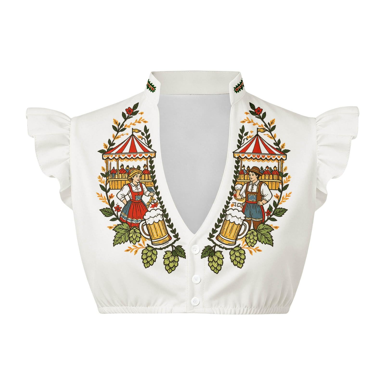Generisch Camicetta da donna con maniche ad aletta, camicetta bavarese bianca per feste della birra, con stampa, per abbigliamento, biancheria da notte e loungewear
