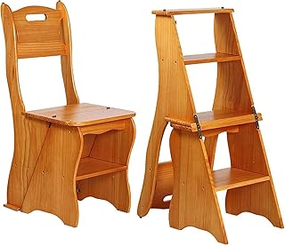 4 Tier Folding Ladder Chair, 3-in-1 Wood Step Ladder, Multi-Functional Step Stool, 265 lbs Large Capacity Display and Storage Shelf for Home, Library, Kitchen (Light Walnut)